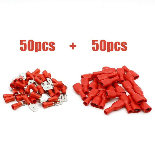 100pcs Red Spade Crimp Terminals Fully Insulated Electrical Connectors Audio Wiring.