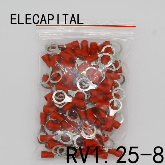 RV1.25-8 Red Circular 22-16 AWG 0.5-1.5mm2 Insulated Ring Terminal Connector Cable Wire Connector 100PCS/Pack RV1-8 RV.