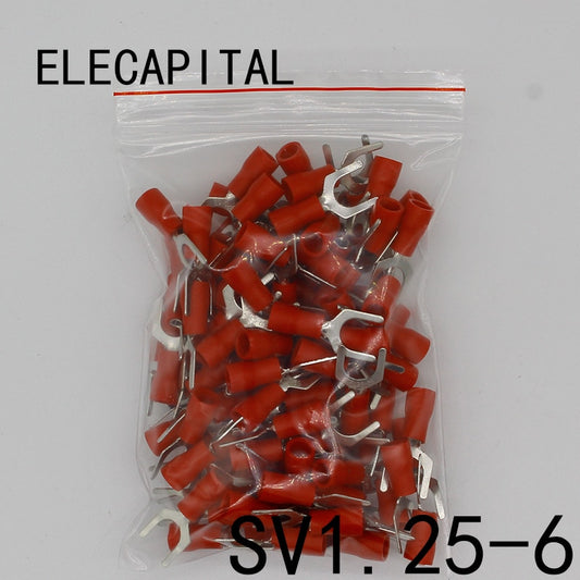 SV1.25-6 Red Terminal Cold pressed terminals Cable Wire Connector 100PCS/Pack spade crimp spade terminal connector SV1-6 SV.