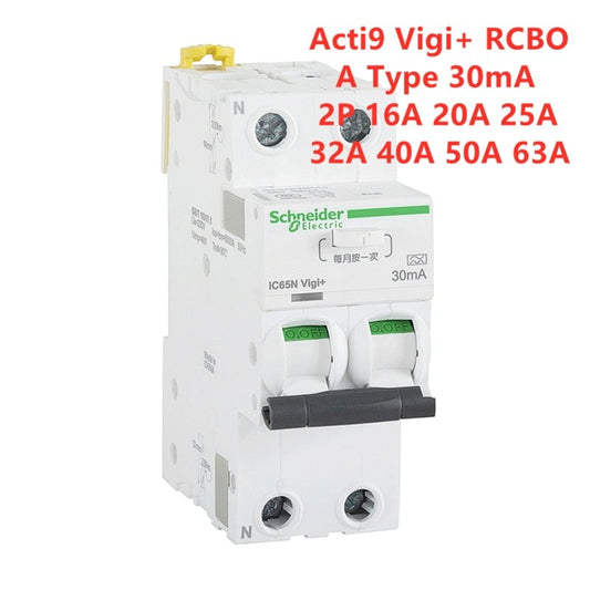 Schneider Electric Acti9 Vigi+ RCBO 2P 30mA A Type Residual Current Breaker with Overcurrent Protection.