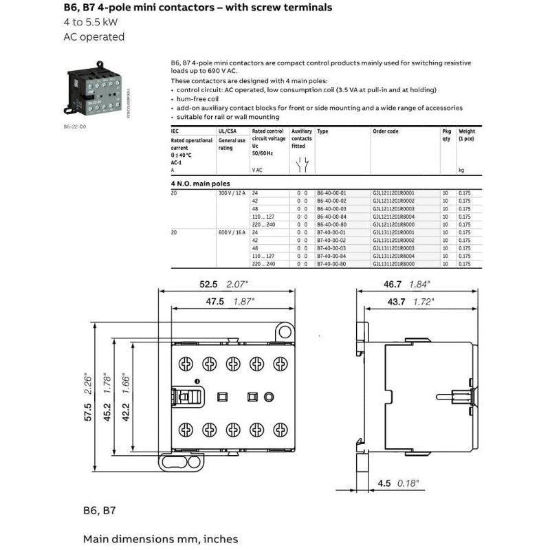 ABB- 4P Mini Contactors AC Operated |  B6-22-00  B7-22-00 Optional.