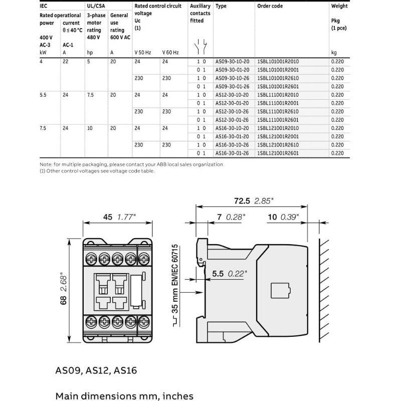 ABB AS09 3-pole Contactors AC operated| AS09-30-10-20  AS09-30-01-20 Optional.