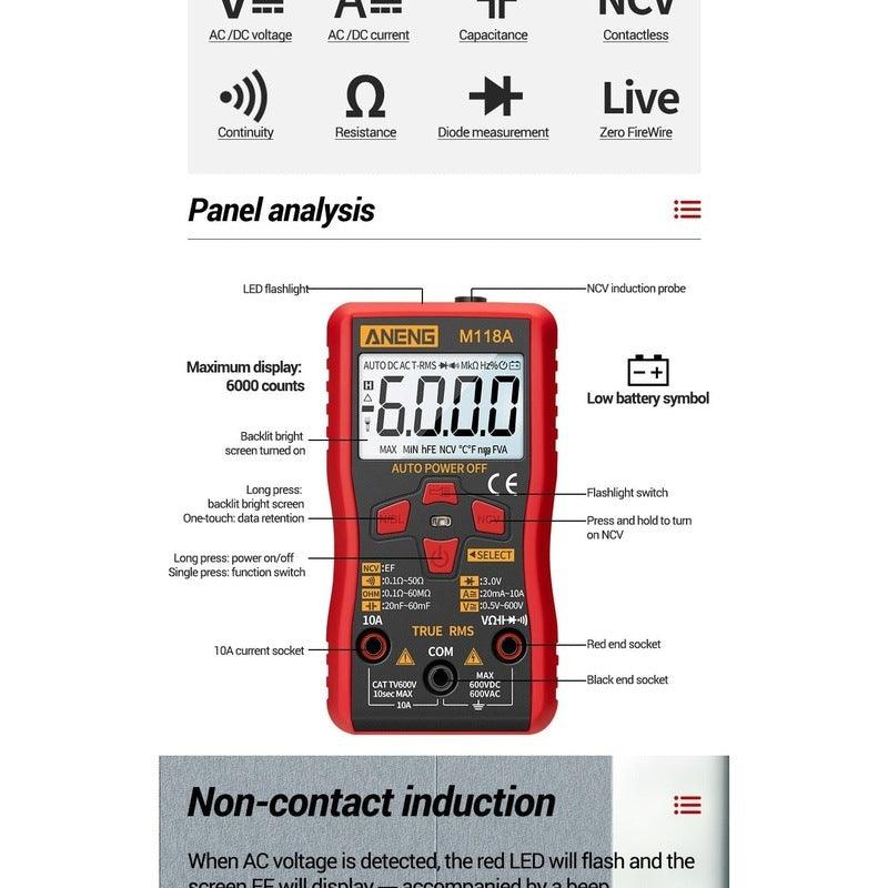 ANENG- M118A Digital Mini Multimeter Tester Auto Mmultimetro| True Rms Tranistor Meter.