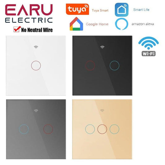 EU Tuya WiFi Smart Light Switch with Glass Panel, Touch Sensor Smart Wall Switch with No Neutral Wire, Google Home.