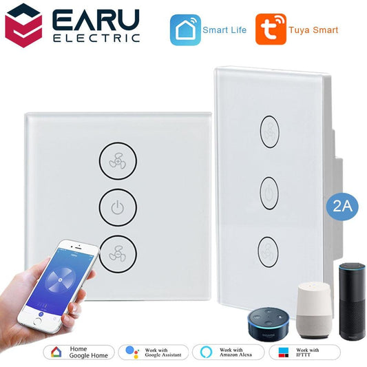 EU US WiFi Smart Fan Motor Speed Controller Glass Panel Wall Touch Switch Timer Remote Control Smart Life Tuya Alexa Google Home.