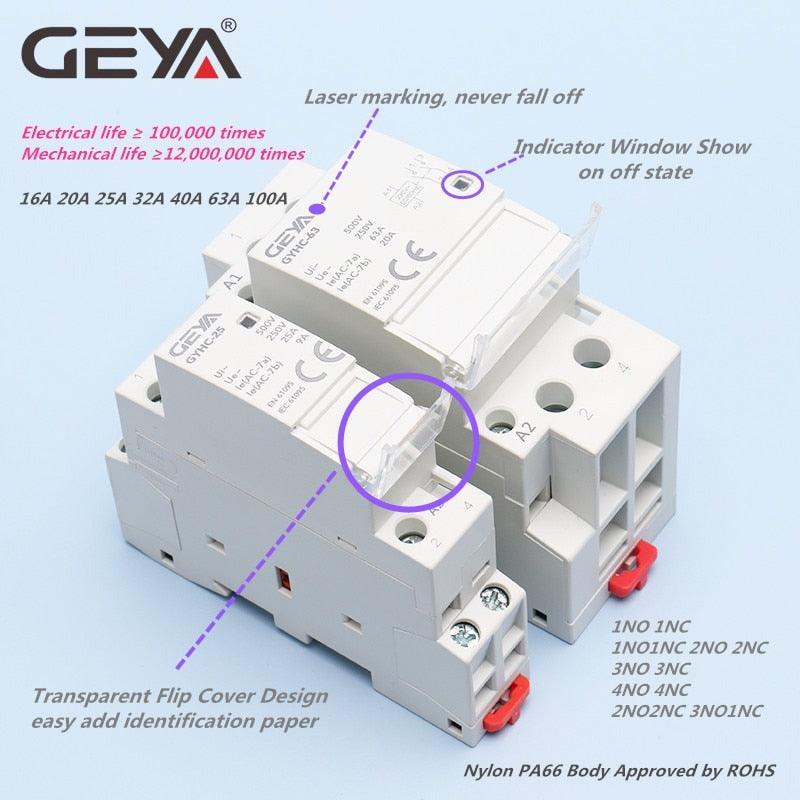 GEYA Din Rail Mounted Household Modular AC Contactor for Smart Home House Hotel AC220V 2P 16A 20A 25A 2NC 2NO 1NO1NC 50/60Hz.