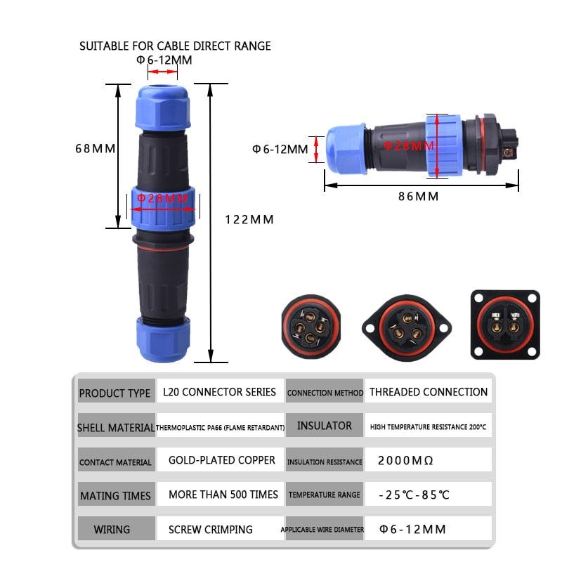 IP68 Waterproof Connector Male Plug & Female Socket 2/3/4 Pin Optional.
