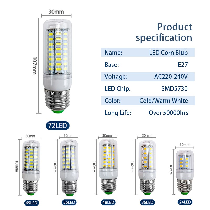 LATTUSO- 10pcs/lot LED Bulb Lamp E27 E14/ 24-72Leds  Light Bulbs optional.