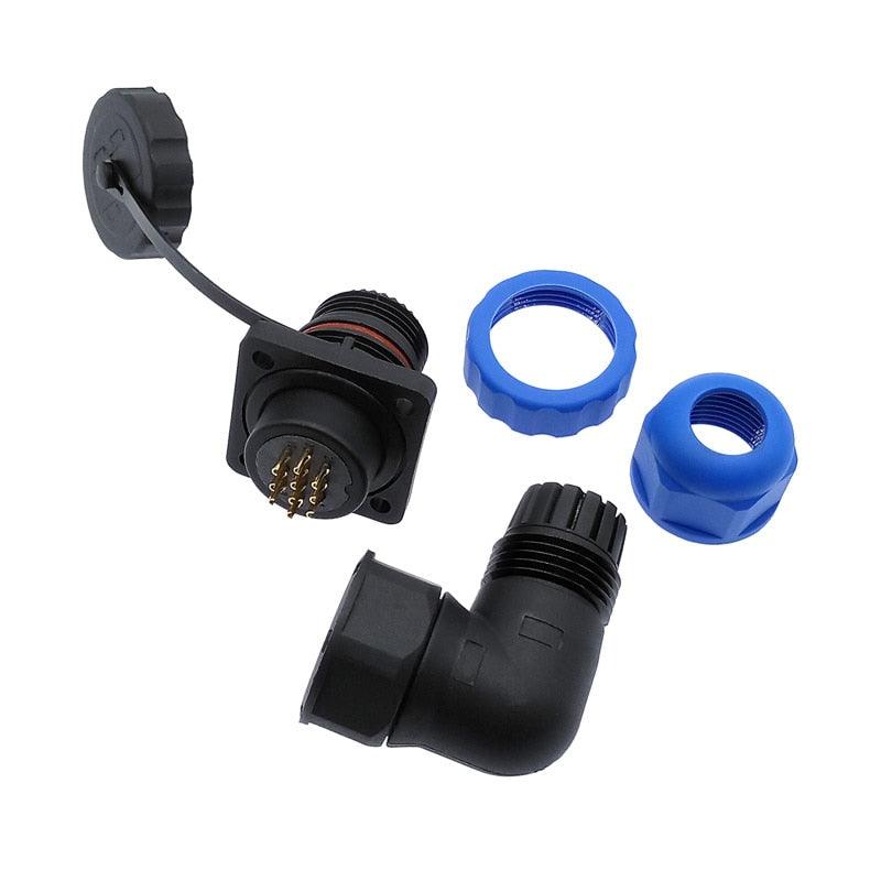 SP20 waterproof connector 1/2/3/4/5/6/7/8/9/10/12/14 pin IP68 angle connectors 90 degree elbow flange socket.