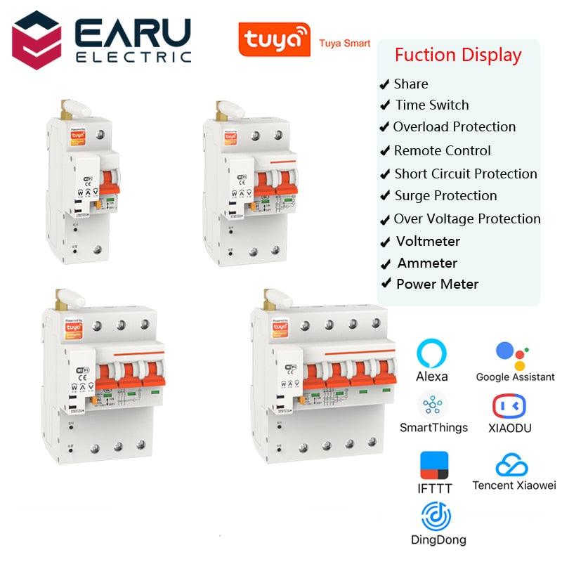 TUYA 1-4P 10-100A 220V Smart WIFI Circuit Breaker Switch Power Energy Consumption kWh Meter Voltmeter Ammeter Voltage Monitor.