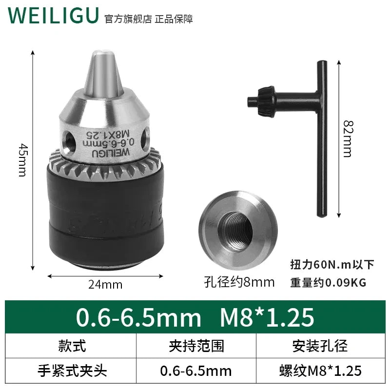key locking design drill chuck, key type steel drill chuck Clamping Capacity 0.6-6.5mm, all metal heavy duty chuck Mount Type with screw M8*1.25