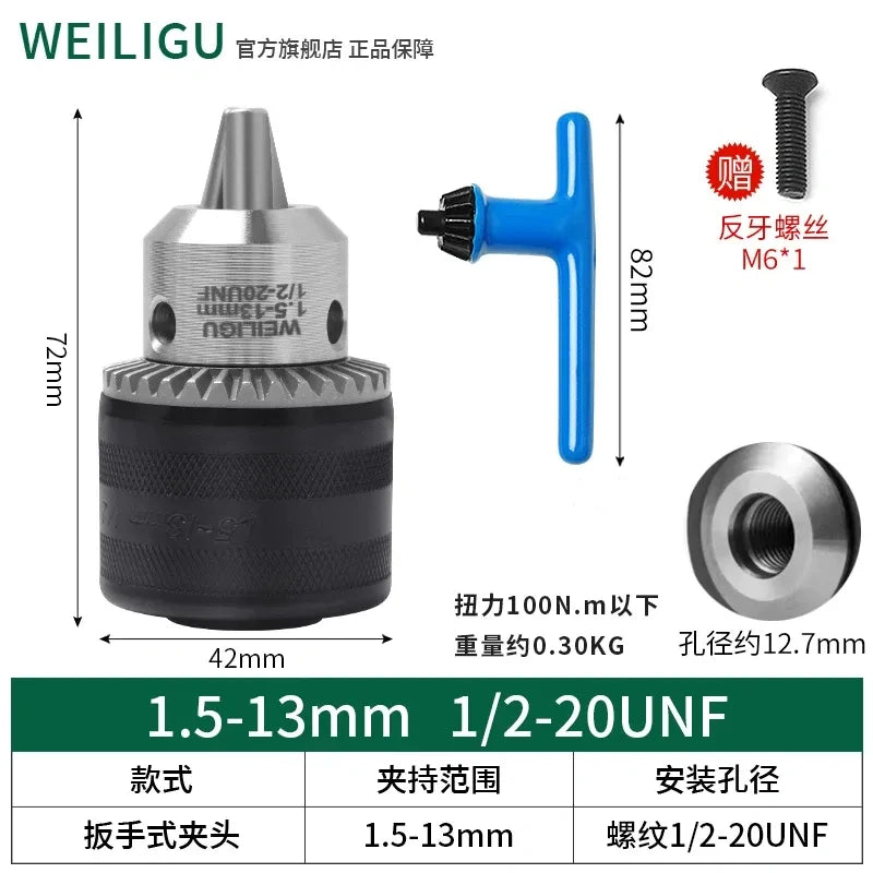 key locking design drill chuck, key type steel drill chuck Clamping Capacity 1.5-13mm, all metal heavy duty chuck Mount Type with screw 1/2-20unf