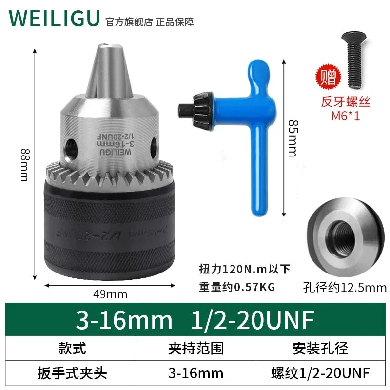 key locking design drill chuck, key type steel drill chuck Clamping Capacity 3-16mm, all metal heavy duty chuck Mount Type with screw 1/2-20unf