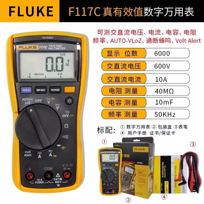 Fluke Multimeter FLUKE F117C  True RMS Electrical Tester, AC DC Voltmeter Ammeter Ohmmeter for Industrial, HVAC, and Home Use