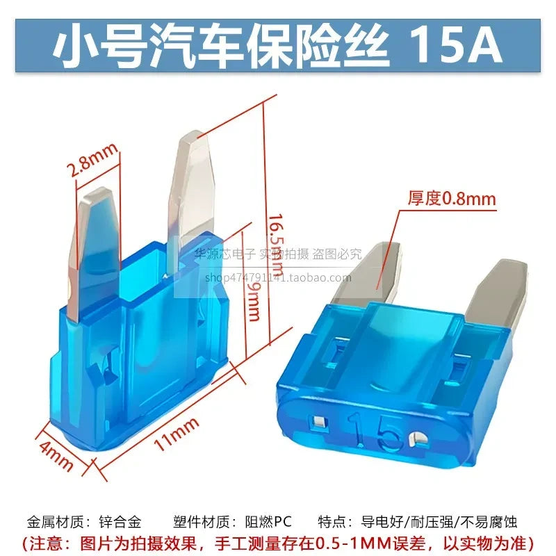 Mini Blade Fuse Set, 15A 32V DC Automotive Fuse for Car, Motorcycle, Electric Bike