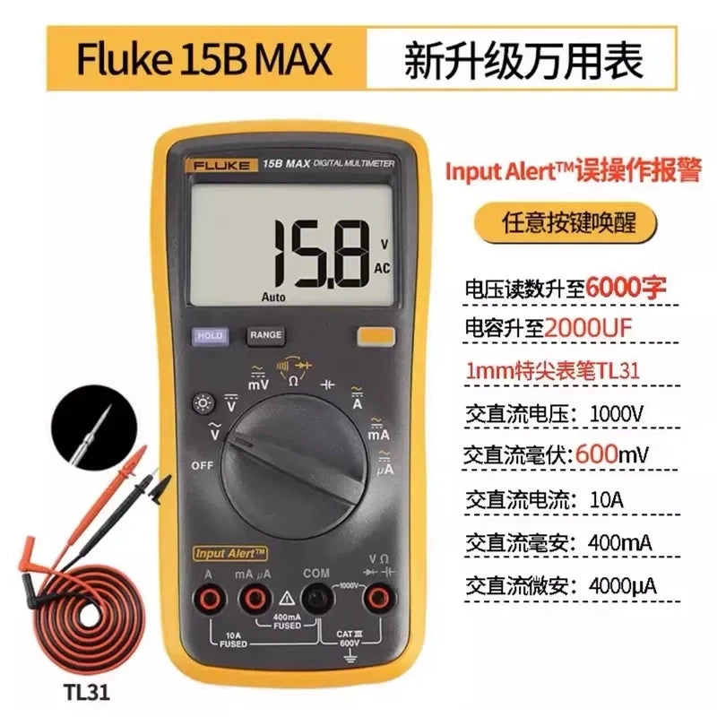 Fluke Multimeter FLUKE F15B MAX  True RMS Electrical Tester, AC DC Voltmeter Ammeter Ohmmeter for Industrial, HVAC, and Home Use