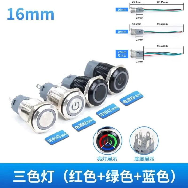 tri color red+green+blue led push button,,16mm momentary switch,19mm latching button,22mm power symbol button,rgb led button with wire