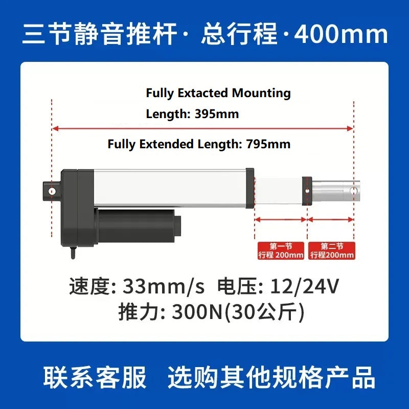 stroke 200+200, IP54 waterproof actuator, industrial grade linear actuator, reciprocating motion motor, trapezoidal screw linear actuator, custom stroke electric push rod, furniture lift actuator, home automation linear motor, quiet industrial actuator