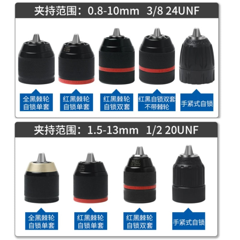 keyless ratchet drill chuck, self locking drill chuck, 3/8 24UNF drill adapter, 1/2 20UNF quick change chuck, cordless drill replacement chuck, angle grinder to drill converter chuck, 0.8-10mm 1.5-13mm drill bit holder