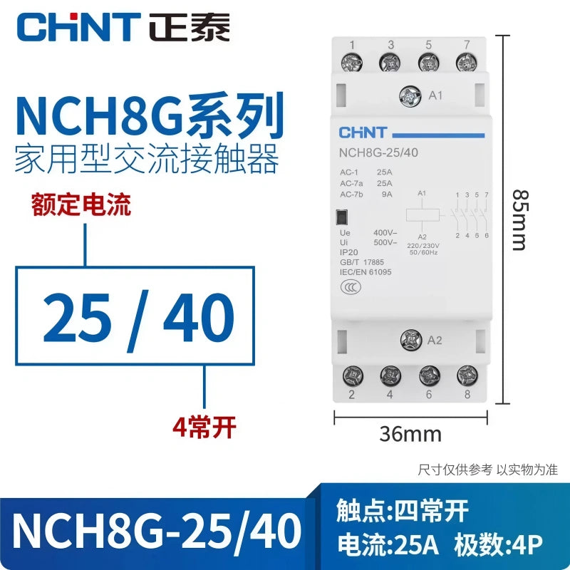 CHNT NCH8 NCH8G-25/40 4NO 2P25A Modular Contactor , Household lighting Contactor