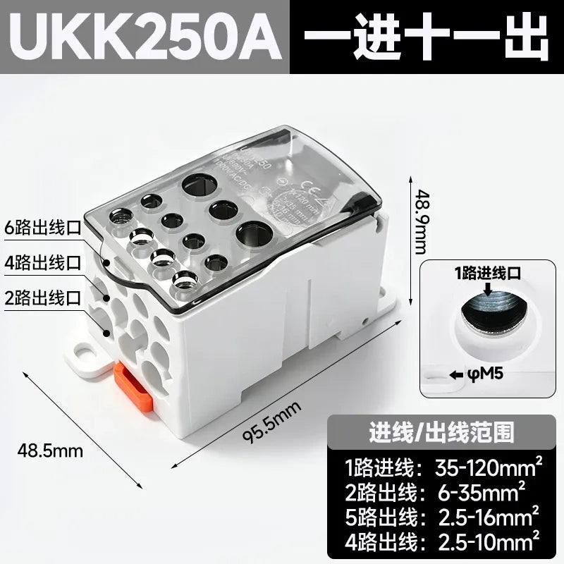 UKK distribution terminal block,250A black high current terminal block,single pole one in 6 out wire splitter,690V power distribution block