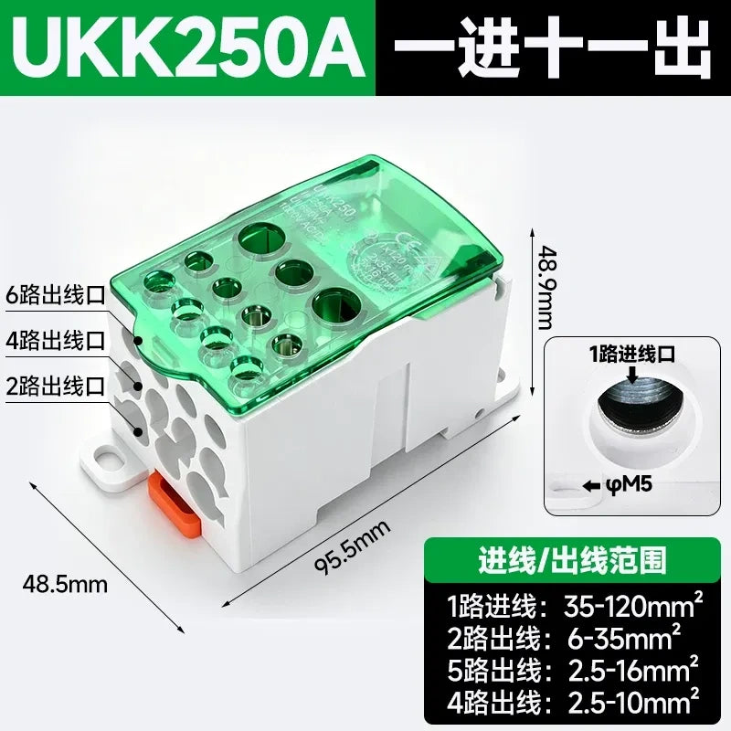 UKK distribution terminal block,250A green high current terminal block,single pole one in 6 out wire splitter,690V power distribution block
