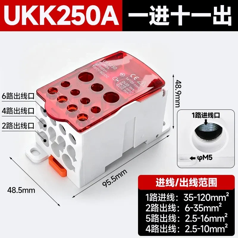 UKK distribution terminal block,25A red high current terminal block,single pole one in 6 out wire splitter,690V power distribution block