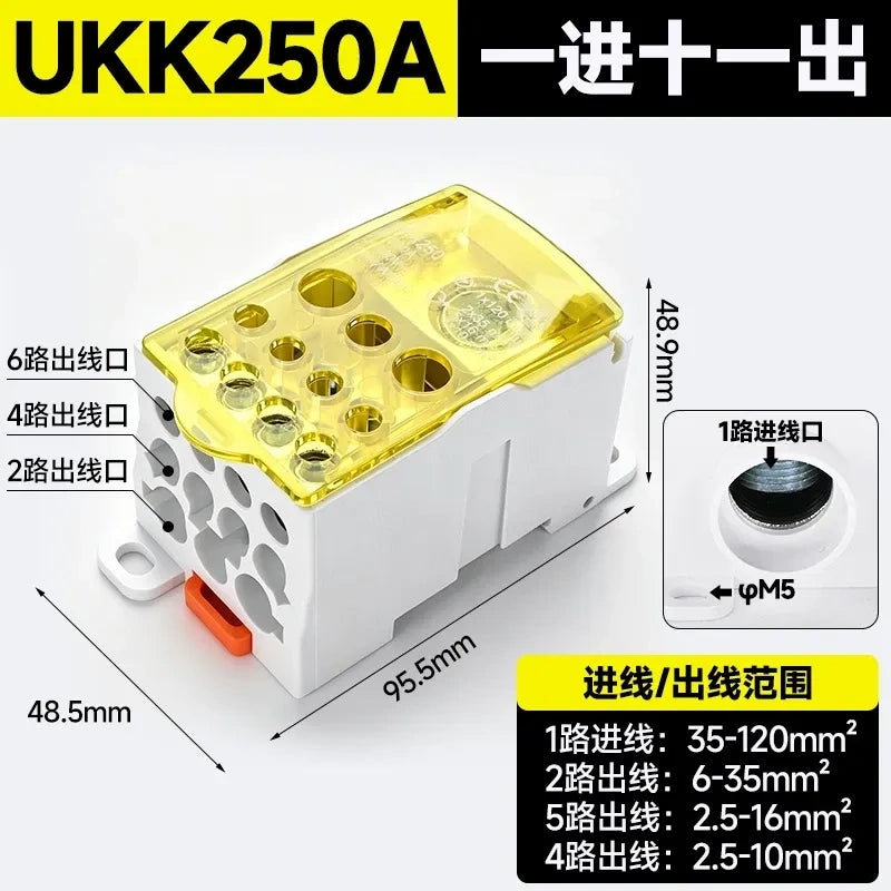 UKK distribution terminal block,25A yellow high current terminal block,single pole one in 6 out wire splitter,690V power distribution block