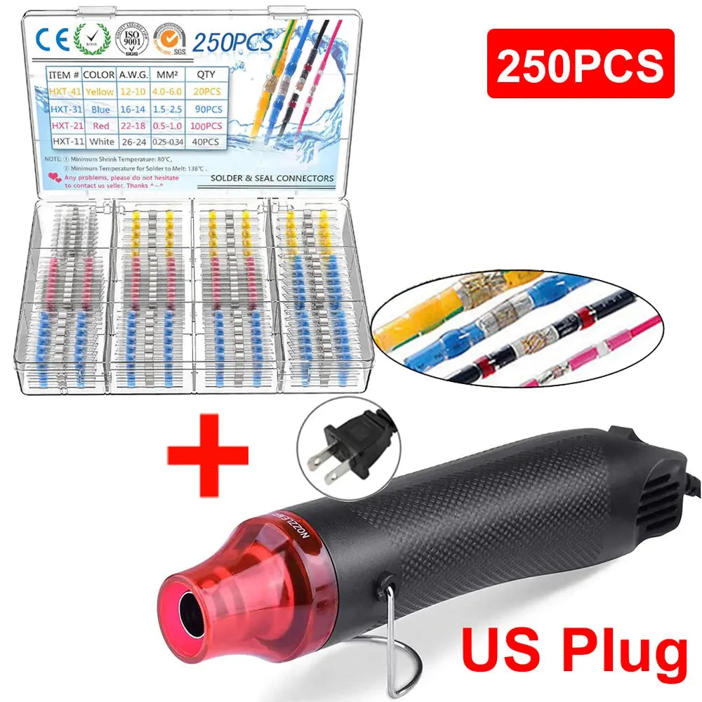 640/250PCS Waterproof Heat Shrink Butt Crimp Terminals Solder Seal Electrical Wire Cable Splice Terminal Kit with Hot Air Gun - electrical center b2c