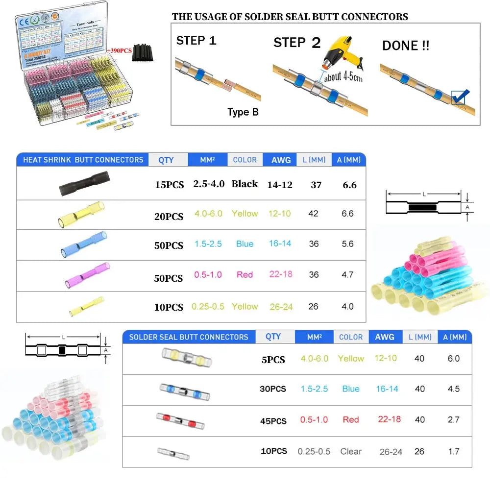 640/250PCS Waterproof Heat Shrink Butt Crimp Terminals Solder Seal Electrical Wire Cable Splice Terminal Kit with Hot Air Gun electrical center b2c