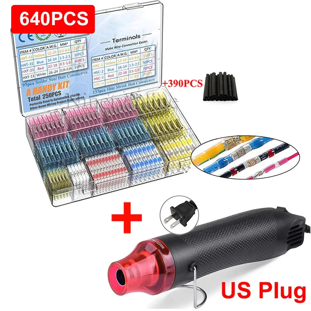 640/250PCS Waterproof Heat Shrink Butt Crimp Terminals Solder Seal Electrical Wire Cable Splice Terminal Kit with Hot Air Gun - electrical center b2c