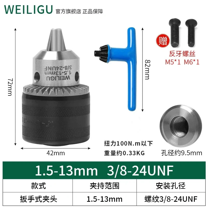 key locking design drill chuck, key type steel drill chuck Clamping Capacity 1.5-13mm, all metal heavy duty chuck Mount Type with screw 3/8-24unf