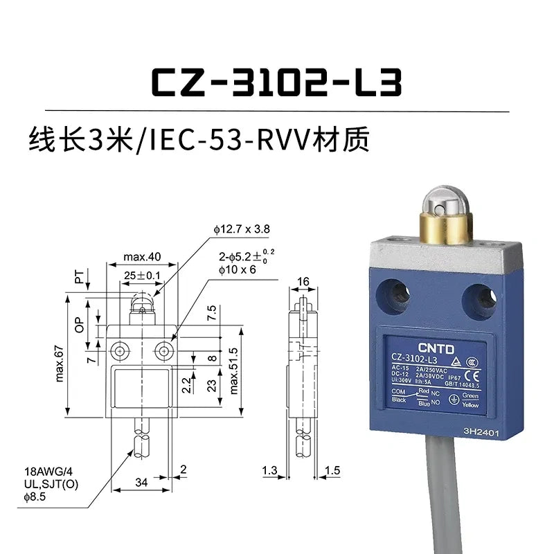 CNTD CZ-3102-L3 Limit Switch ,IP67 Waterproof Switch ,Limit Switch With Cable Length 3M, 