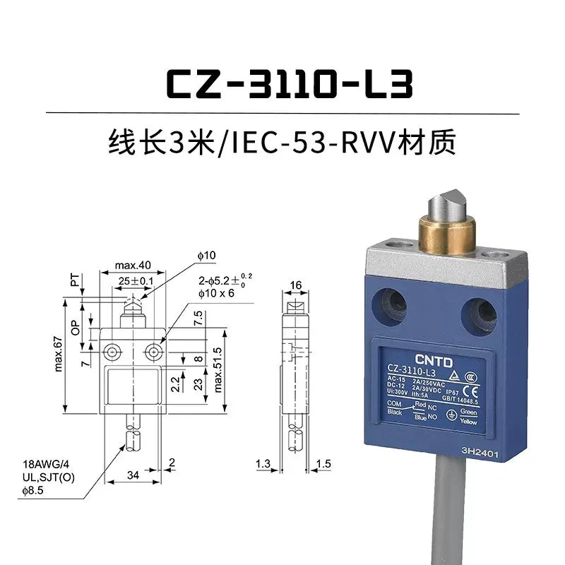 CNTD CZ-3110-L3 Limit Switch ,IP67 Waterproof Switch ,Limit Switch With Cable Length 3M, 