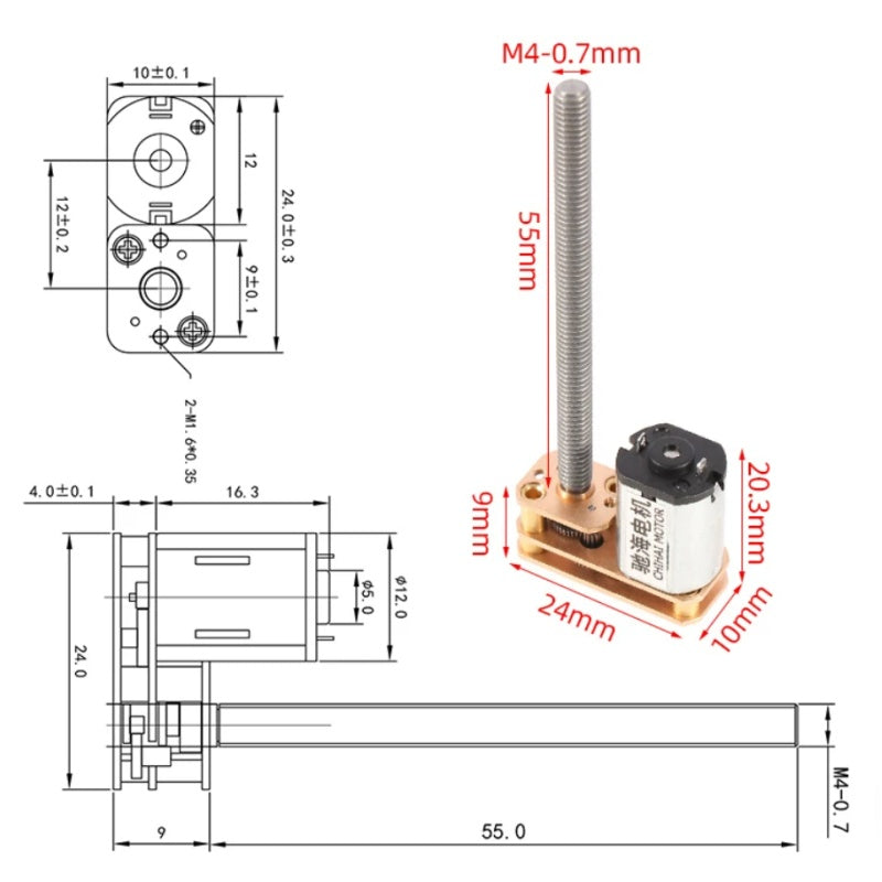 gm1024-n20, chf-gm1024-n20, n20 dc gear motor, m4 threaded shaft motor, 55mm long shaft motor, 3v 6v 12v gear motor, adjustable speed dc motor, micro dc motor, high torque small motor, smart robot motor, robotic gripper motor, miniature gear motor