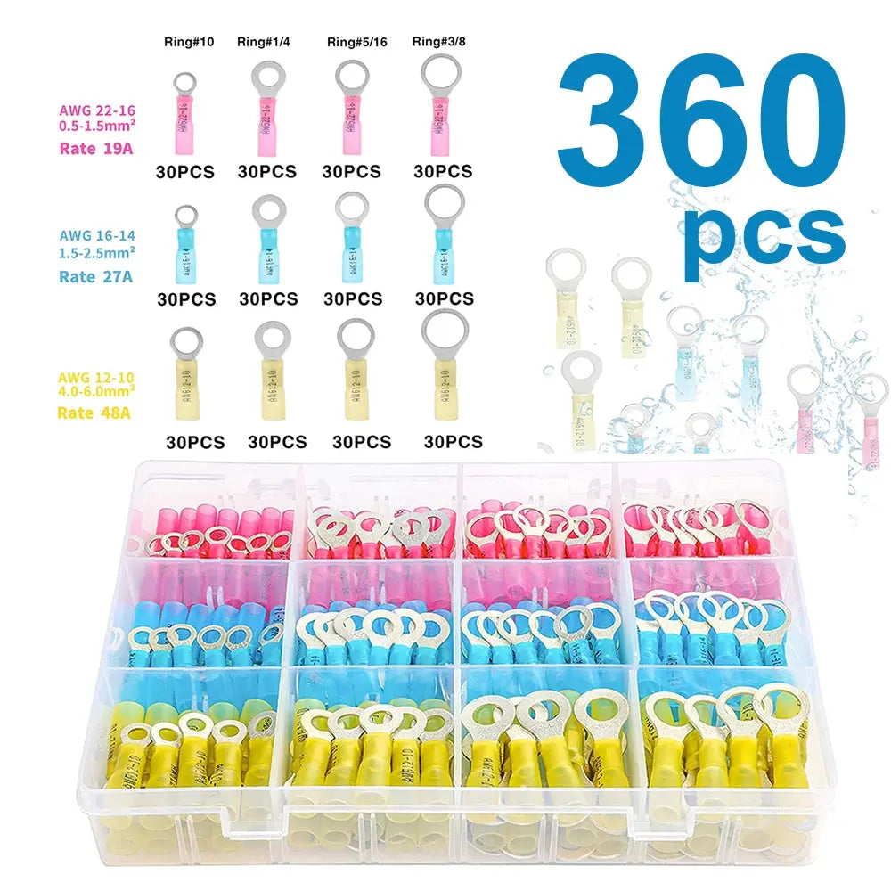 360PCS Marine Grade Heat Shrink Ring Connectors-Heat Shrink Wire Connectors Tinned Red Copper Insulated Ring Crimp Terminals - electrical center b2c