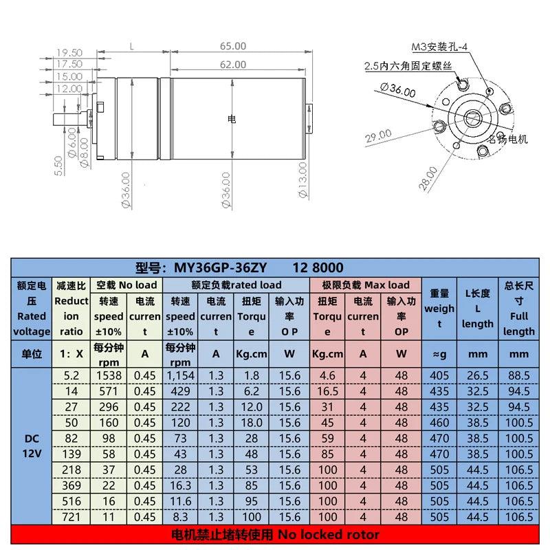 36GP-36ZY DC Motor 12V 24V Planetary Gear Motor High Torque 100KG Low Speed 11rpm-1538rpm PWM Forward Reverse Metal Electric