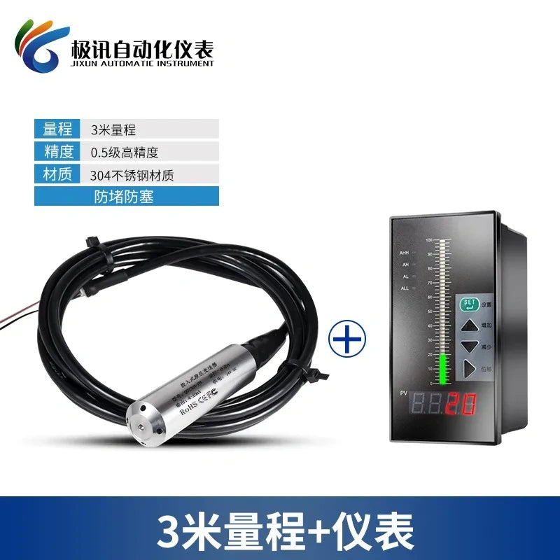 Submersible Level Sensor ,Hydrostatic Level Transmitter Measuring Range 0-3 Meter with display meter, 4-20mA Level Sensor ,Water Level Transmitter ,IP68 Level Probe