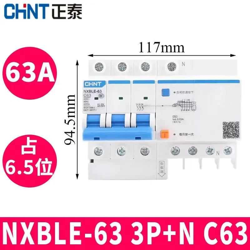 CHNT leakage breaker NXBLE-63 3p+n 63a 30mA RCD rcbo