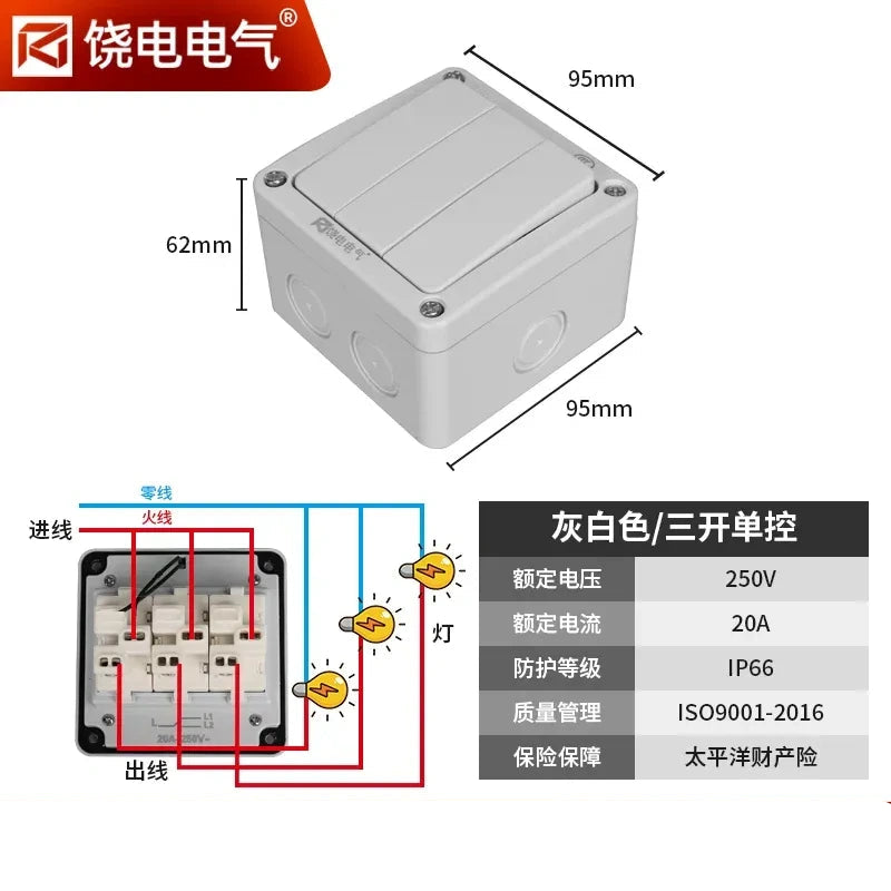 3 gang 1 way waterproof switch, outdoor wall switch, IP66 switch, IP66 switch, 16A wall switch, 20A heavy duty switch, surface mount switch, 86 type switch, weatherproof switch, outdoor power switch,garden switch, patio switch, bathroom switch, industrial switch, outdoor light switch, rainproof switch, dustproof switch, high current switch, heavy duty wall switch, outdoor doorbell switch