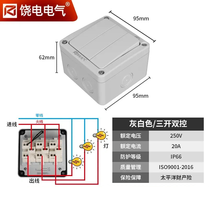 3 gang 2 way 20a waterproof switch, outdoor wall switch, IP66 switch, IP66 switch, 16A wall switch, 20A heavy duty switch, surface mount switch, 86 type switch, weatherproof switch, outdoor power switch,garden switch, patio switch, bathroom switch, industrial switch, outdoor light switch, rainproof switch, dustproof switch, high current switch, heavy duty wall switch, outdoor doorbell switch