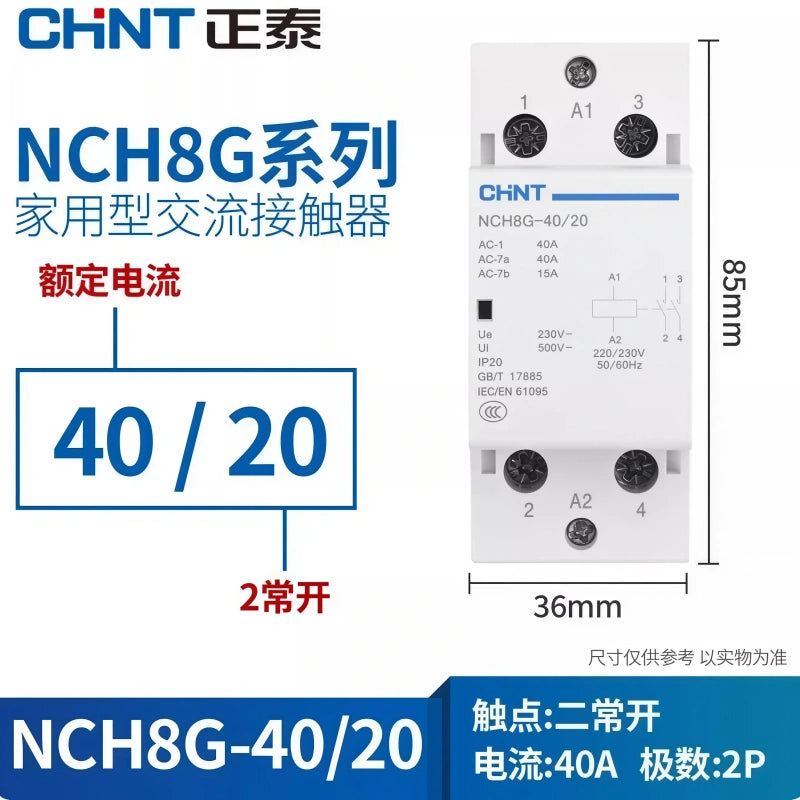 CHNT NCH8 NCH8G-40/20 2NO 2P40A Modular Contactor , Household lighting Contactor