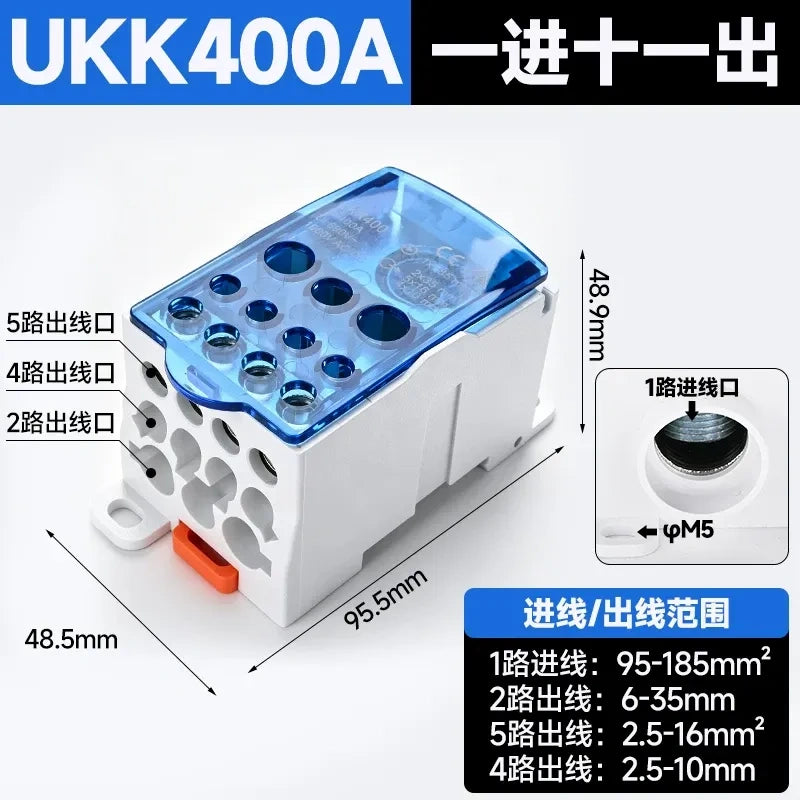 UKK distribution terminal block,400A blue high current terminal block,single pole one in 6 out wire splitter,690V power distribution block