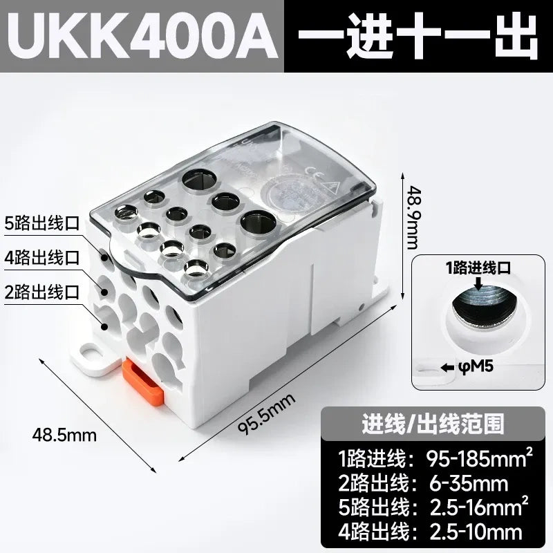 UKK distribution terminal block,400A black high current terminal block,single pole one in 6 out wire splitter,690V power distribution block