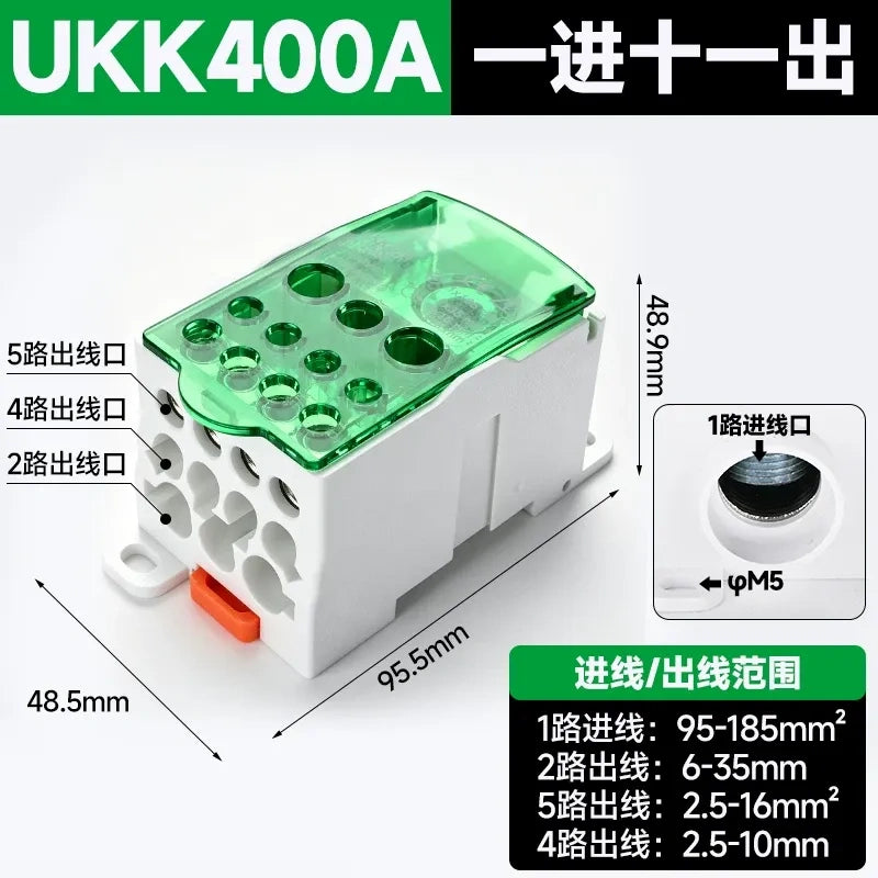 UKK distribution terminal block,400A green high current terminal block,single pole one in 6 out wire splitter,690V power distribution block