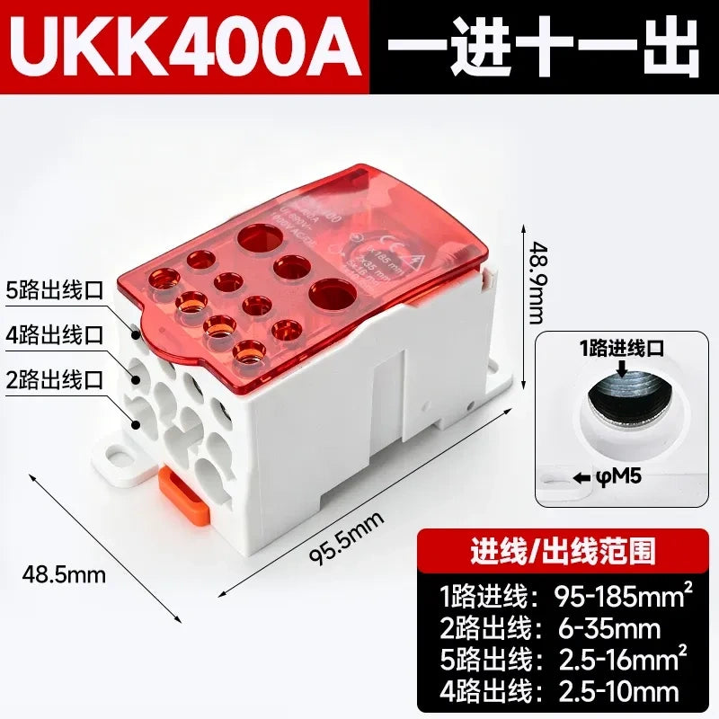 UKK distribution terminal block,400A red high current terminal block,single pole one in 6 out wire splitter,690V power distribution block