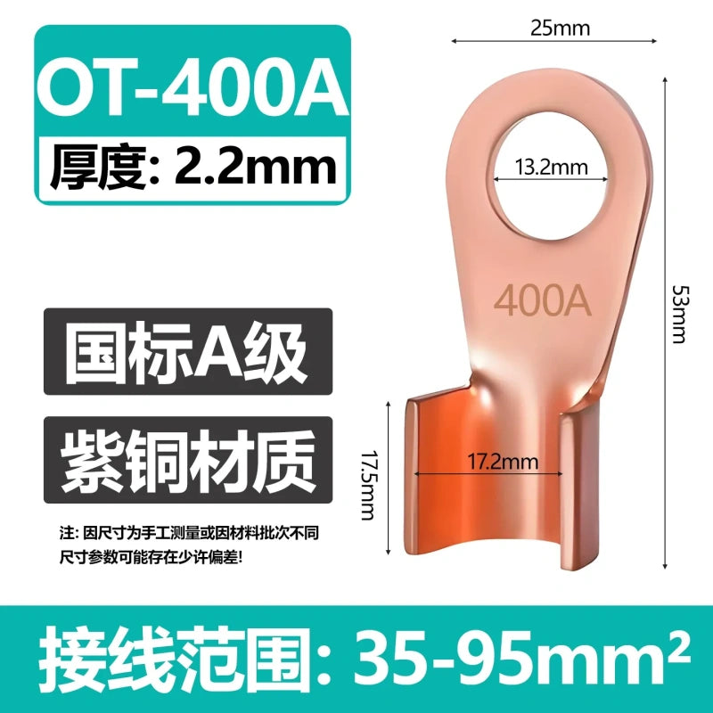 OT-400A copper lug,open barrel cable terminal,400A red copper wire lug,battery cable connector,round hole terminal lug with wiring range:35-95mm