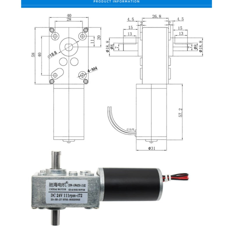 worm gear dc motor kit, chw-gw4058, 80mm tire motor kit, 12v 24v worm motor, high torque dc motor, dual output shaft motor, self-locking motor, smart balance car motor, line tracking robot motor, robotics motor kit, 1:36 gear ratio motor, chiHai motor, low speed dc motor