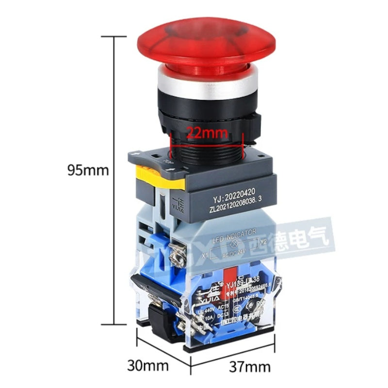 LA38-11MD Mushroom Button, 22mm Illuminated Push Button, Momentary/Latching Switch, 1NO1NC/2NO Contact, 24V/220V LED Button, Industrial Start Stop Button, Silver Alloy Contact, High Visibility Control Button, Machine Control Switch, Control Panel LED Button, Jog Control Push Button, CCC CE Certified Button