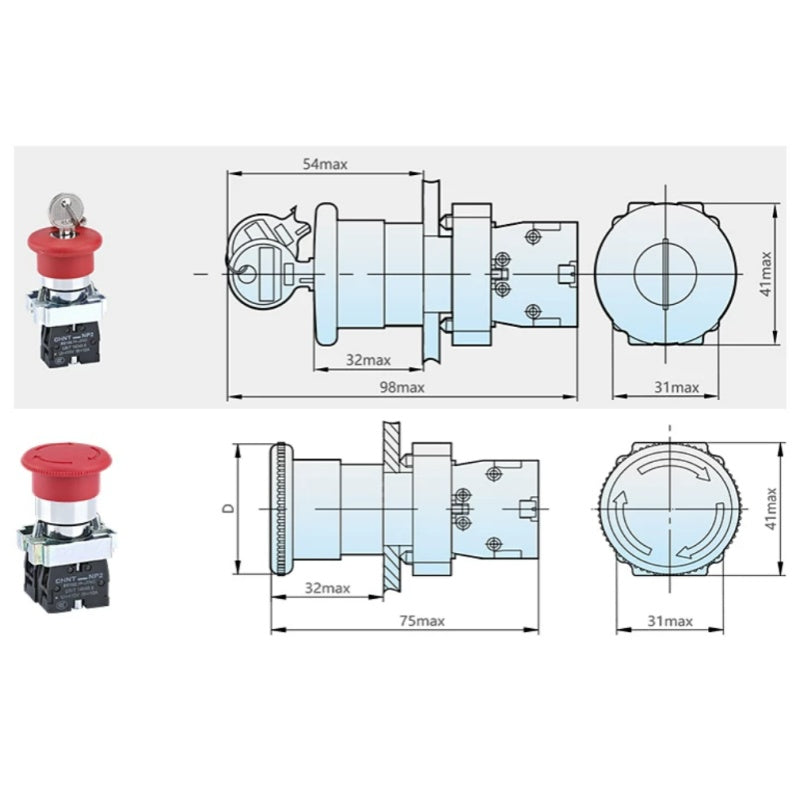 CHINT NP2 emergency stop button,22mm emergency stop switch,mushroom head push button,self‑lock rotate reset button,XB2‑BS542C emergency stop,ZB2 emergency stop,industrial emergency push button,1NC 2NC 1NO1NC stop button,emergency stop with button box,panel mount safety stop switch